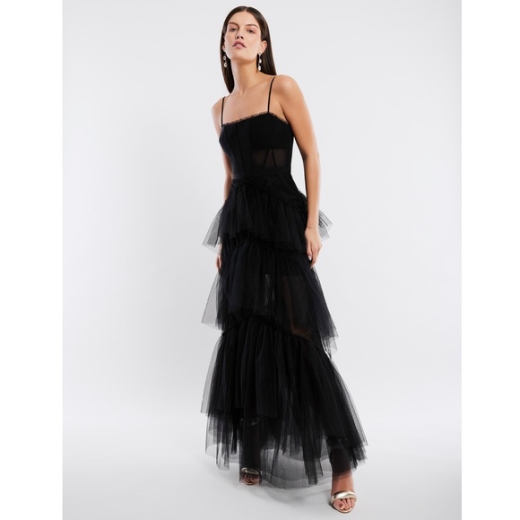 - NEW BCBGMAXAZRIA Oly Tiered Ruffle Tulle Evening Gown Black BX7 - Picture 1 of 11